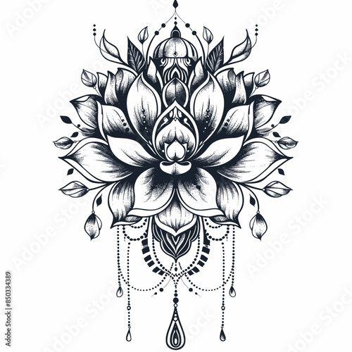 beautiful lotus flower on a white background black and white vector illustration in tattoo style