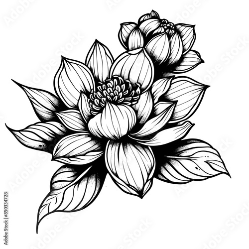 beautiful lotus flower on a white background black and white vector illustration in tattoo style