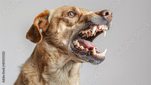 Dirty dog showing teeth on a white background, in an angry and aggressive style with sharp fangs.