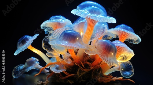 Ethereal glow of bioluminescent mushrooms photo