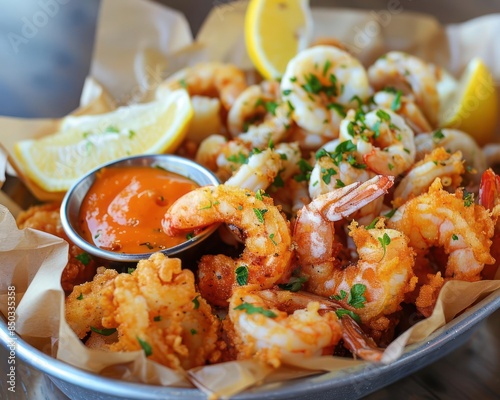Delicious seafood platter with shrimp, calamari, lemon wedges, and dipping sauce served in a rustic basket.
