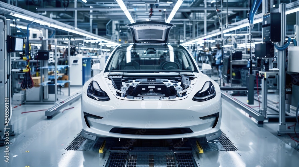 Obraz premium Photo of automobile production line. Welding car body. Modern car assembly plant. Auto industry. High-tech factory