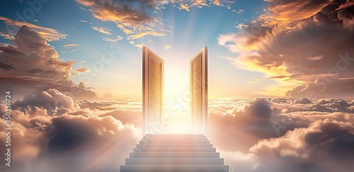 Illustration of a door to heaven above the clouds showing sunlight