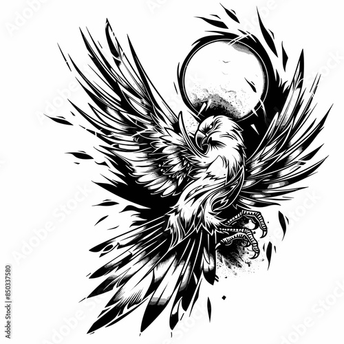 A black and white drawing of a bird with a moon in the background. The bird is in the middle of the image and has a large wing span