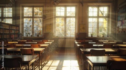 Classroom with perfectly aligned wooden desks, bathed in soft sunlight, clean and peaceful, awaiting students