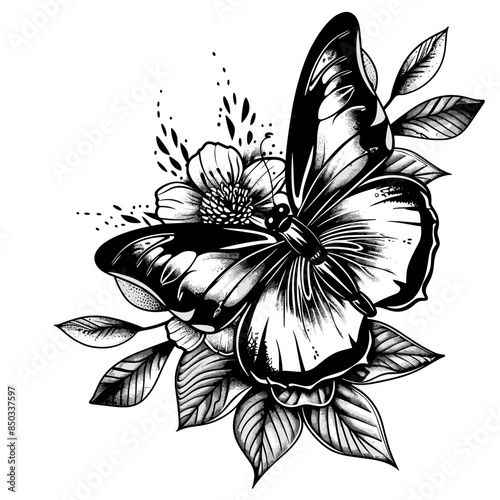 A black and white drawing of a butterfly with a flower in the background. The butterfly is the main focus of the image, and the flower is a smaller detail that adds to the overall composition