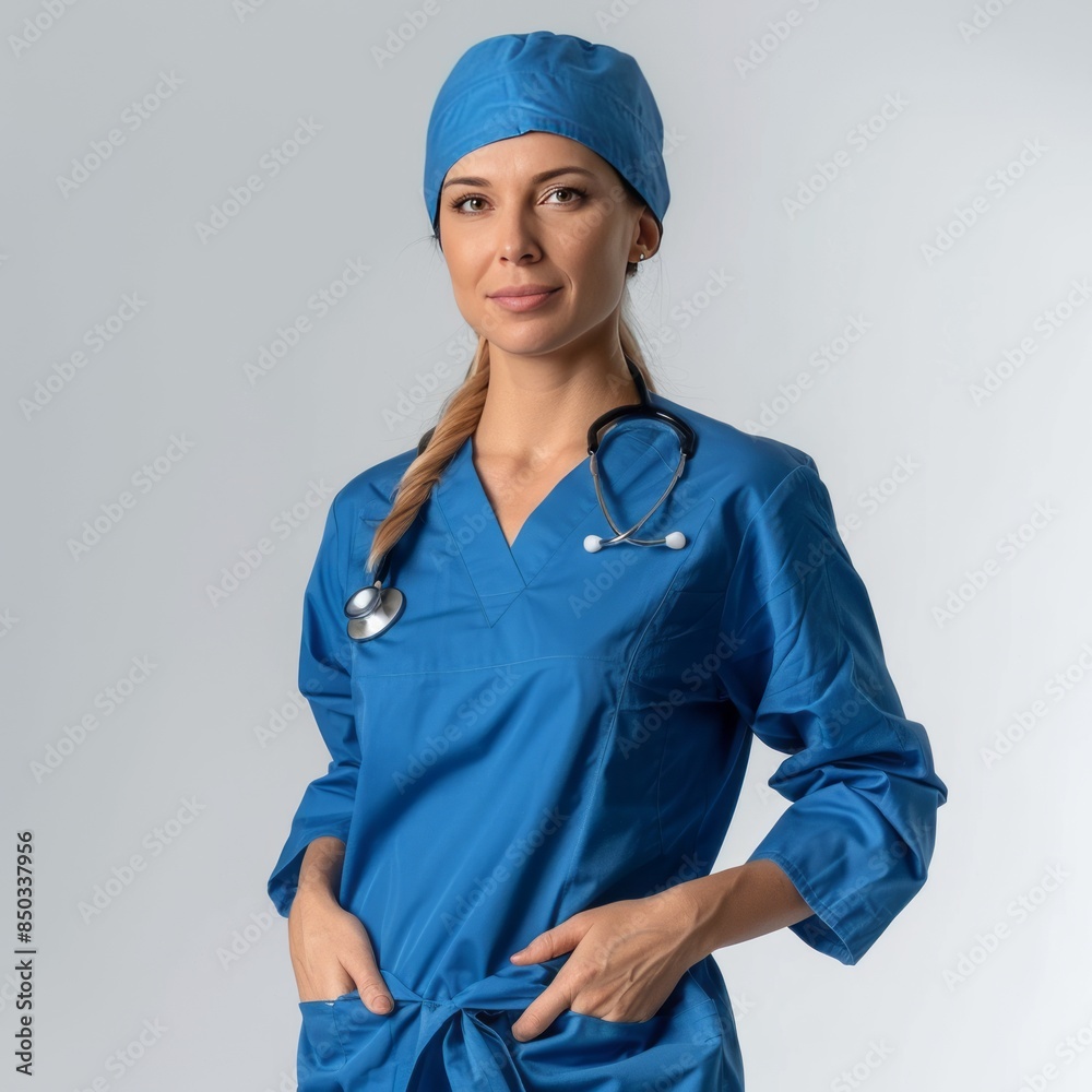 Woman in Blue Scrub Suit With Stethoscope Woman in Blue Scrub Suit With Stethoscope