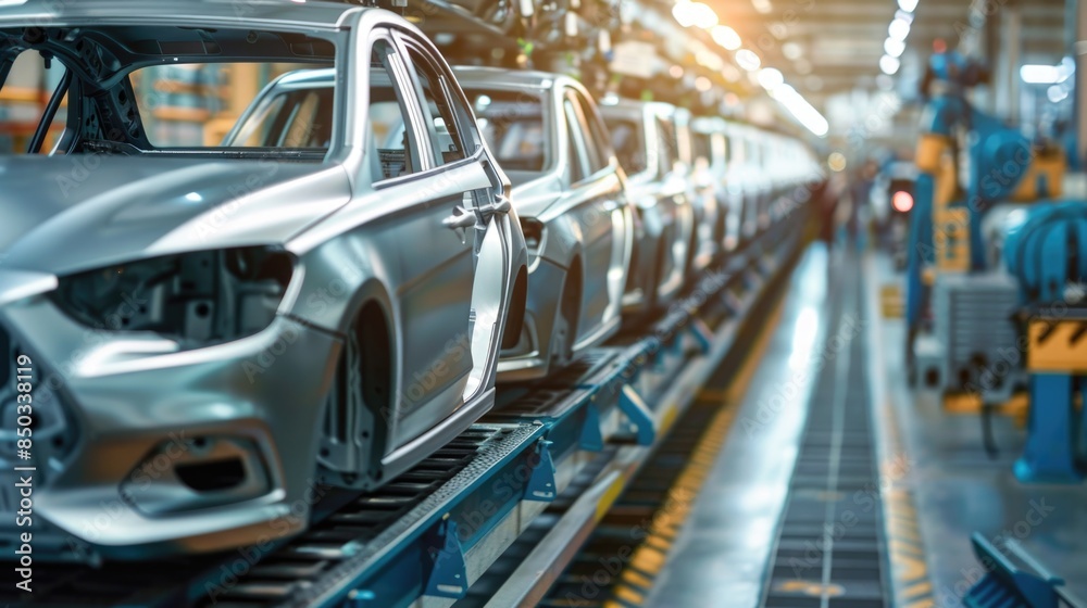 Photo of automobile production line. Welding car body. Modern car assembly plant. Auto industry. High-tech factory Photo of automobile production line. Welding car body. Modern car assembly plant. Auto industry. High-tech factory