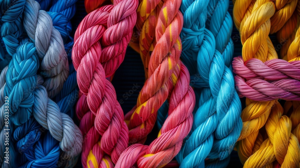 Close-up of various colorful ropes tied together, representing collective effort and unity in a corporate setting, detailed art