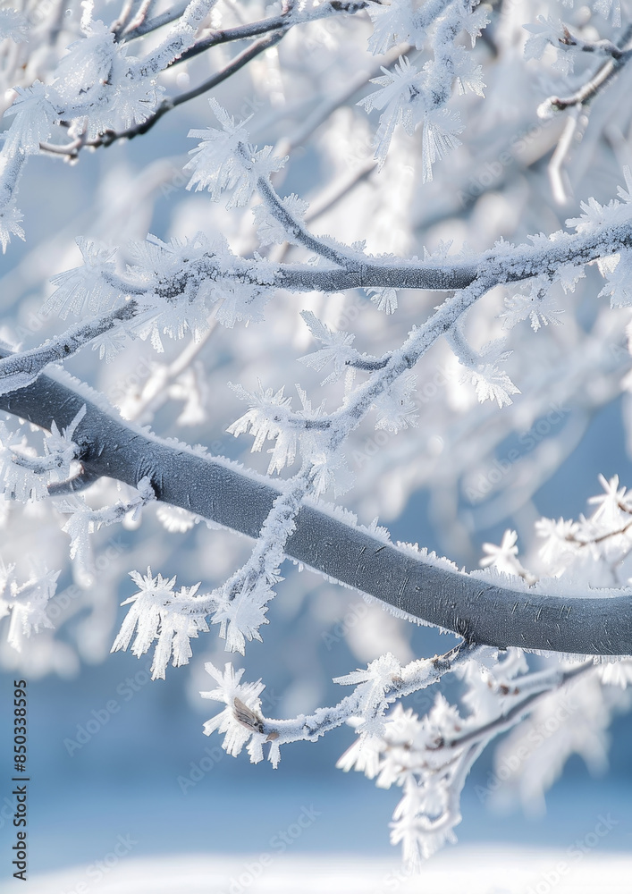 Frost-covered branches create a delicate and beautiful winter scene. The icy details and snow-covered twigs evoke the serene and cold atmosphere of a winter wonderland. Frost-covered branches create a delicate and beautiful winter scene. The icy details and snow-covered twigs evoke the serene and cold atmosphere of a winter wonderland.