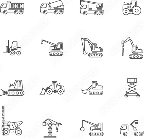 Set of construction vehicles icon in outline style