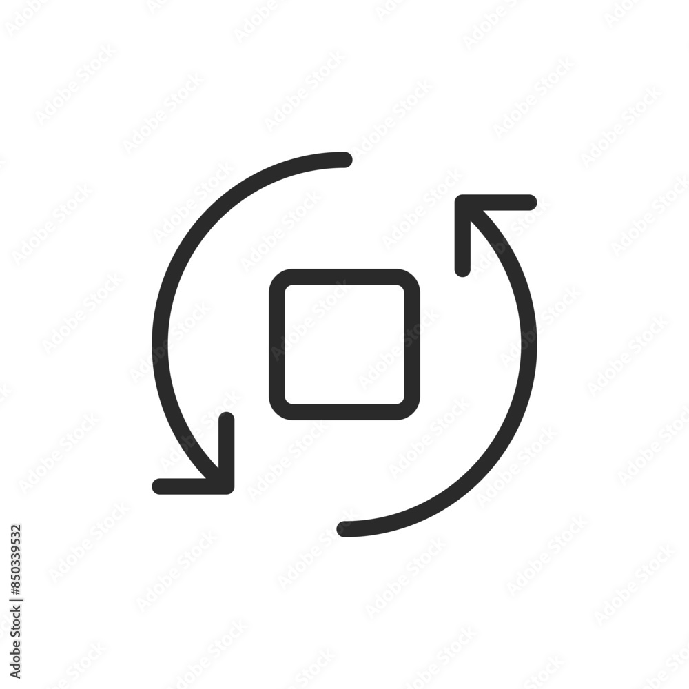 Rotation, linear style icon. Two curved arrows forming a circle around a square. Editable stroke width