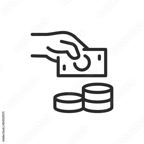 Hand with money and coins, linear style icon. Hand placing money with a stack of coins beside it. Editable stroke width.