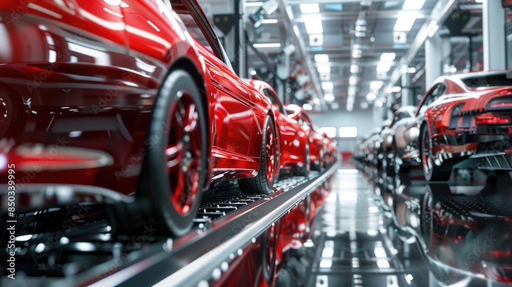 Naklejka premium Photo of automobile production line. Welding car body. Modern car assembly plant. Auto industry. High-tech factory