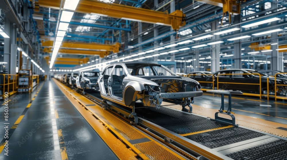 Photo of automobile production line. Welding car body. Modern car assembly plant. Auto industry. High-tech factory Photo of automobile production line. Welding car body. Modern car assembly plant. Auto industry. High-tech factory