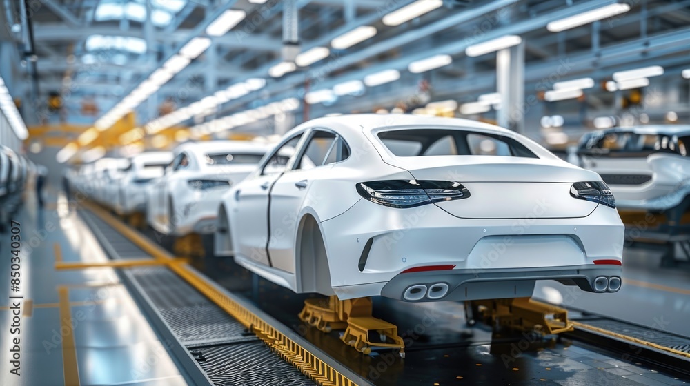 Photo of automobile production line. Welding car body. Modern car assembly plant. Auto industry. High-tech factory Photo of automobile production line. Welding car body. Modern car assembly plant. Auto industry. High-tech factory