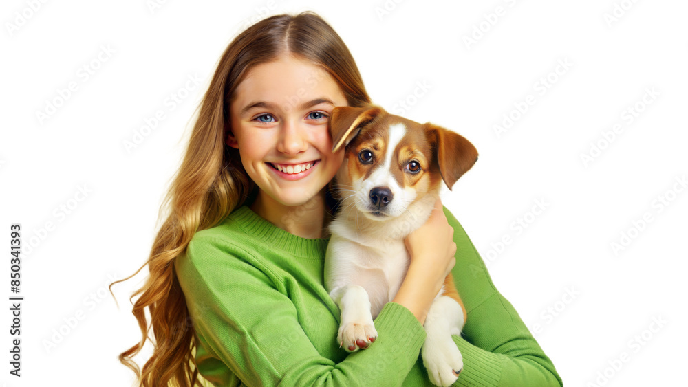 A delightful portrait of a teenage girl holding a playful puppy, radiating youthful energy and affection.
A delightful portrait of a teenage girl holding a playful puppy, radiating youthful energy and affection.