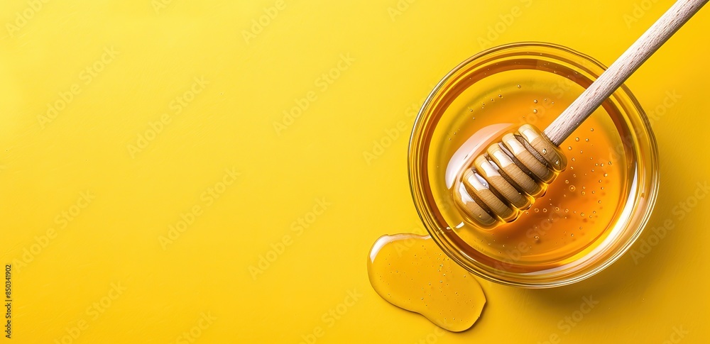 Fototapeta premium A glass bowl filled with honey on a yellow background