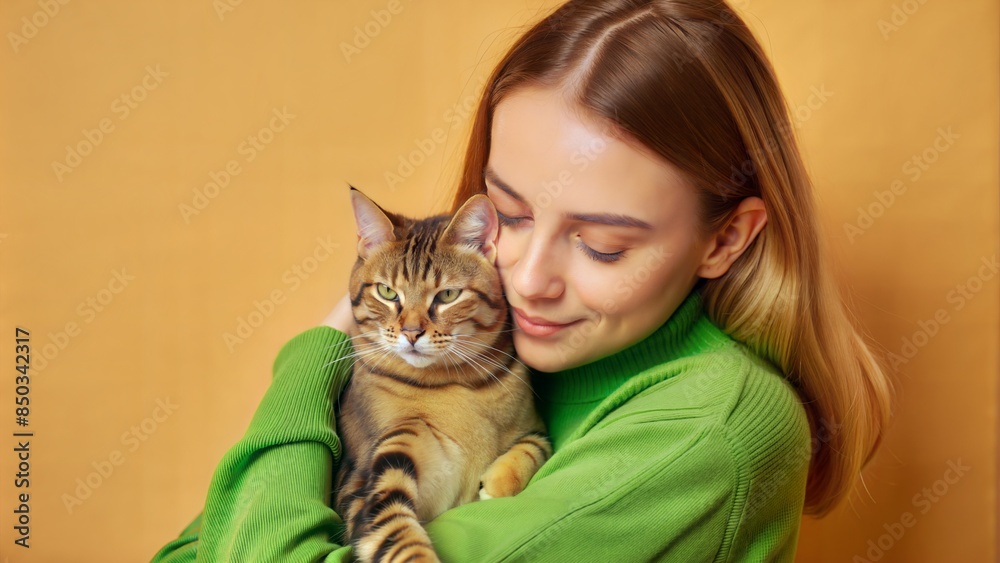 A serene portrait of a young woman cuddling with a cat, highlighting the peaceful and loving connection between them. A serene portrait of a young woman cuddling with a cat, highlighting the peaceful and loving connection between them.