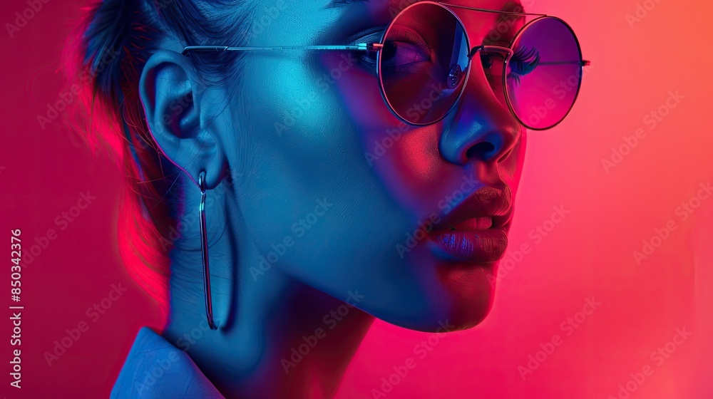 beautiful brunette girl in glasses in neon light looking at the camera. Futuristic style and beauty. beautiful brunette girl in glasses in neon light looking at the camera. Futuristic style and beauty.
