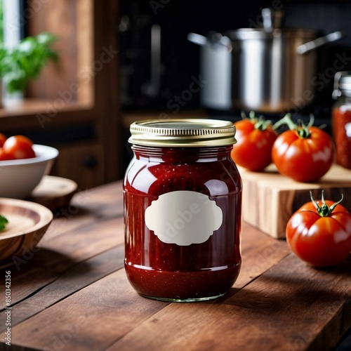 A jar of homemade tomato sauce on a wooden kitchen counter with fresh tomatoes in the background