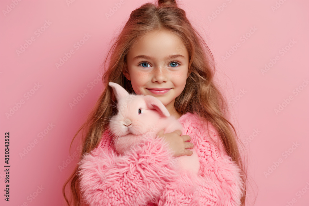 Smiling Girl with Long Hair in Pink Sweater Holding Fluffy Bunny Against Pink Background.