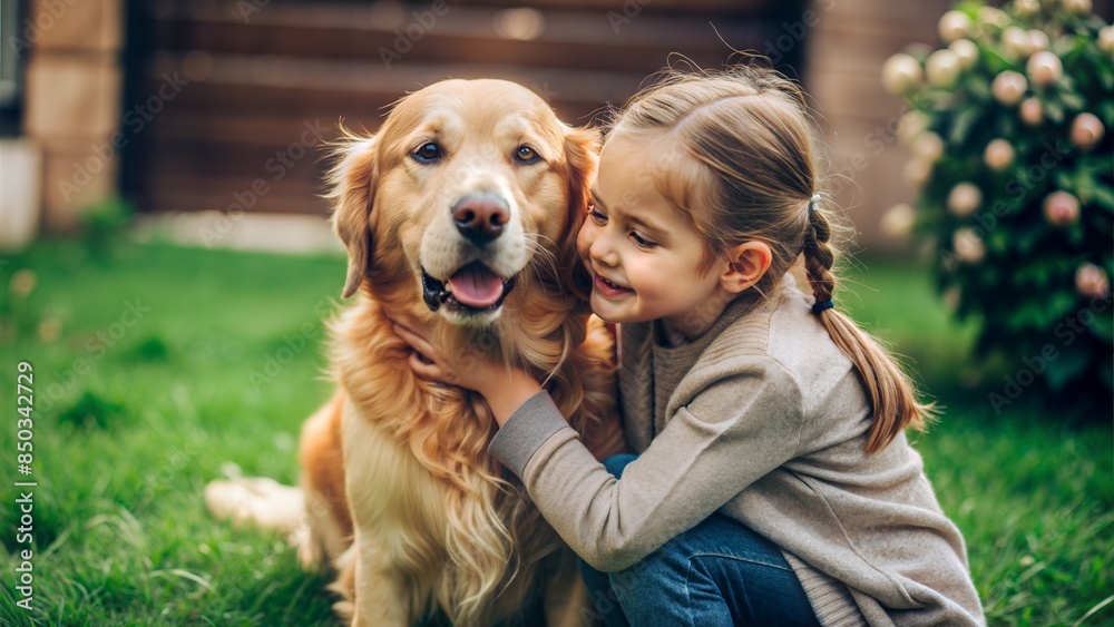 A heartwarming portrait of a girl with a Golden Retriever, showcasing the bond between a young girl and her loyal pet. A heartwarming portrait of a girl with a Golden Retriever, showcasing the bond between a young girl and her loyal pet.
