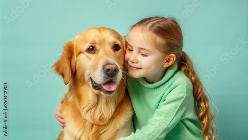 A heartwarming portrait of a girl with a Golden Retriever, showcasing the bond between a young girl and her loyal pet. © Mari