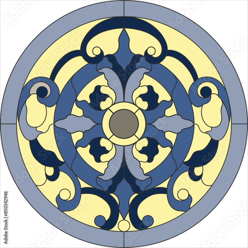 Ceiling round panels, stained glass window. Abstract Flower, swirls and leaves in circle frame, geometric ornament, yellow color, symmetric composition, tiffany technique, classic style. Vector