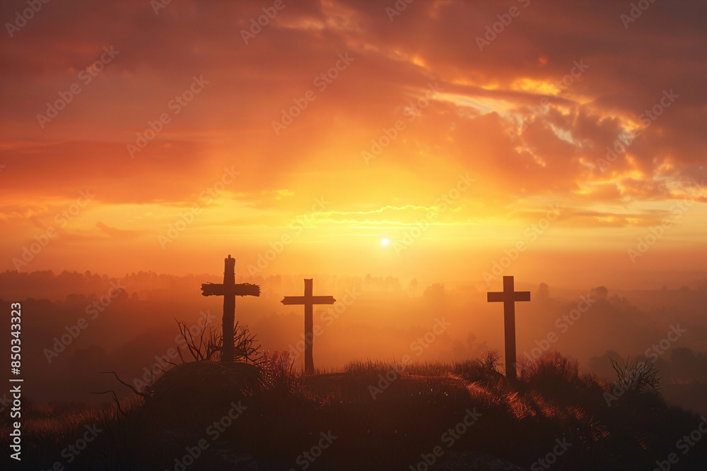 a group of crosses on a hill with a sunset in the background a group of crosses on a hill with a sunset in the background