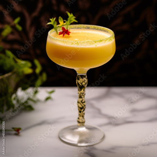 a glass with a yellow drink photo