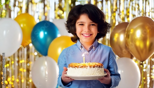 smiling little boy holding cake photo