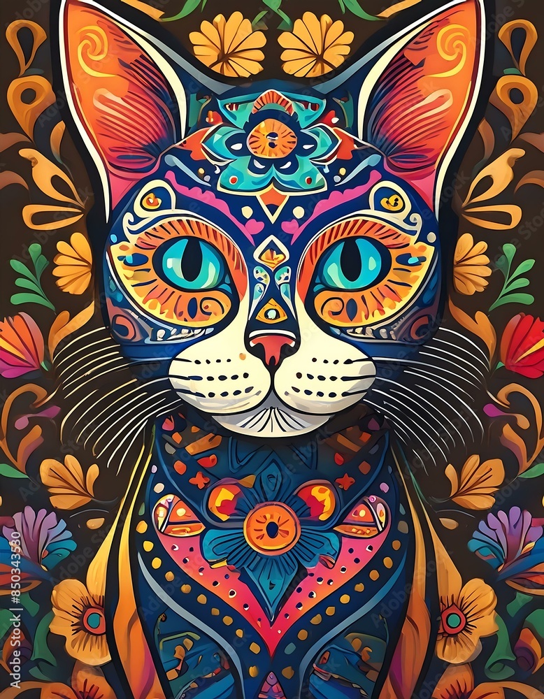 cat with floral ornament. cat with floral ornament.