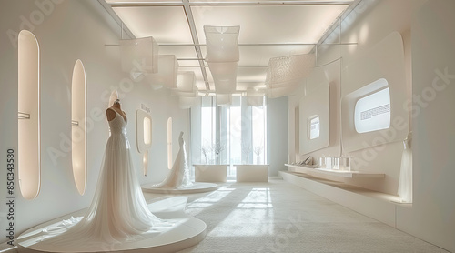 A white space with a large model of the wedding dress on display, The walls have square windows that can see outside. There is carpeting underfoot. Modern minimalist style. Generative AI.