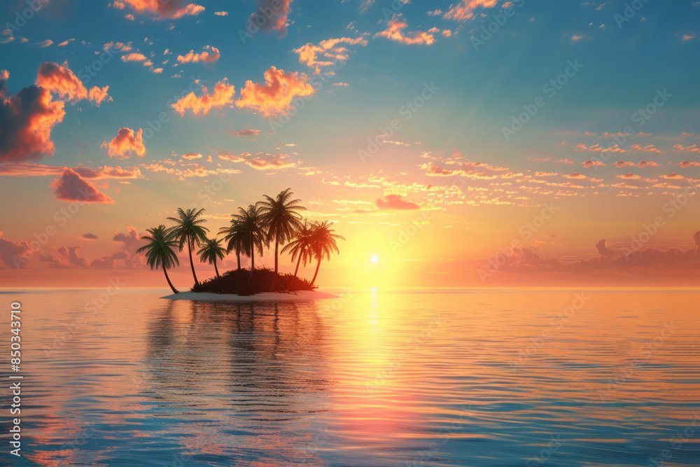 Obraz premium Beautiful tropical island with palm trees silhouetted against sunset
