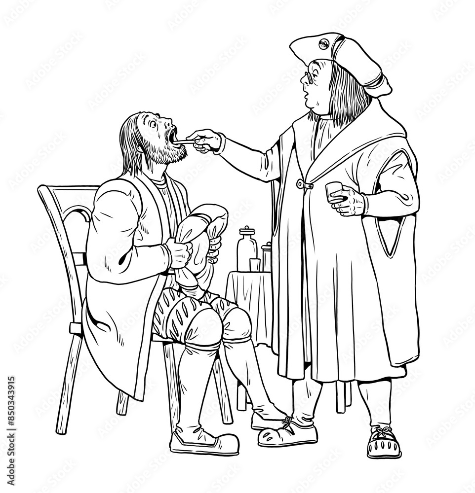 Fototapeta premium Drawing showing a medieval doctor at work. History of Medicine.