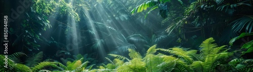 Dense tropical rainforest bathed in sunlight, showcasing lush greenery and the tranquil beauty of nature photo