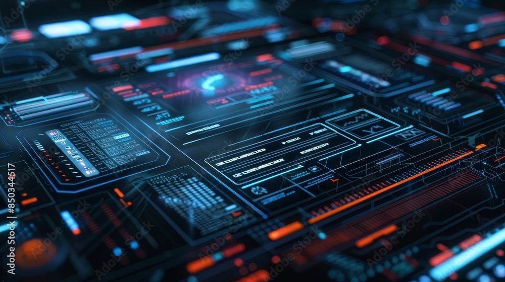 Obraz premium Digital document with checkboxes, one ticked, futuristic touch screen, dark mode interface, sharp graphics