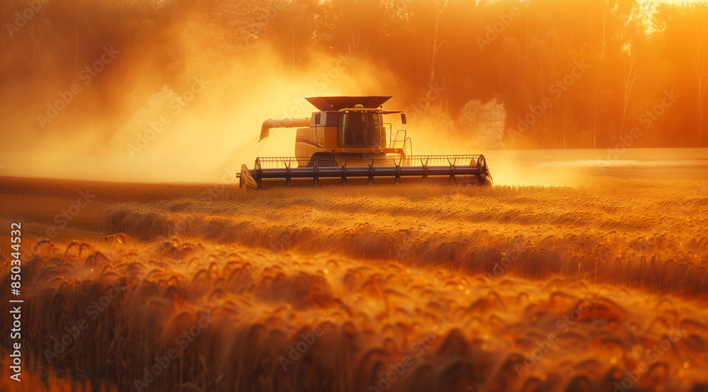 Fototapeta premium A combine harvester works in a wheat field at sunset during the golden hour.