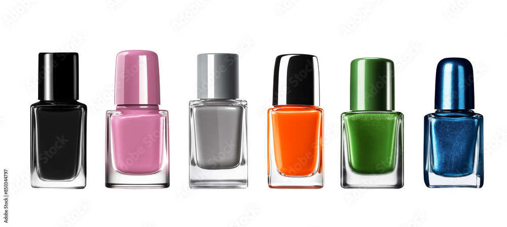 Set of various colors nail polish such as black,pink,grey,orange,green and blue color isolated on transparent background. Set of various colors nail polish such as black,pink,grey,orange,green and blue color isolated on transparent background.