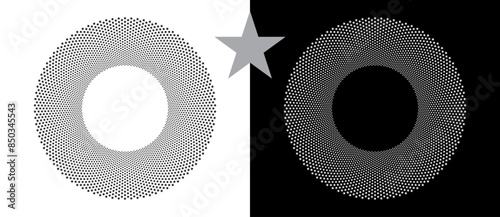 Modern abstract background. Halftone stars in circle form. Round logo. Vector dotted frame. Design element or icon. Black stars on a white background and white stars on the black side.