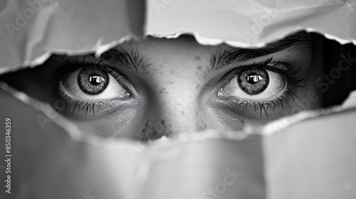Eyes filled with fear peeking through a torn paper opening, raw emotion, high contrast, suspenseful