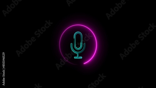 Bright neon line microphone icon on black background. Neon illuminated voice recording microphone button icon.