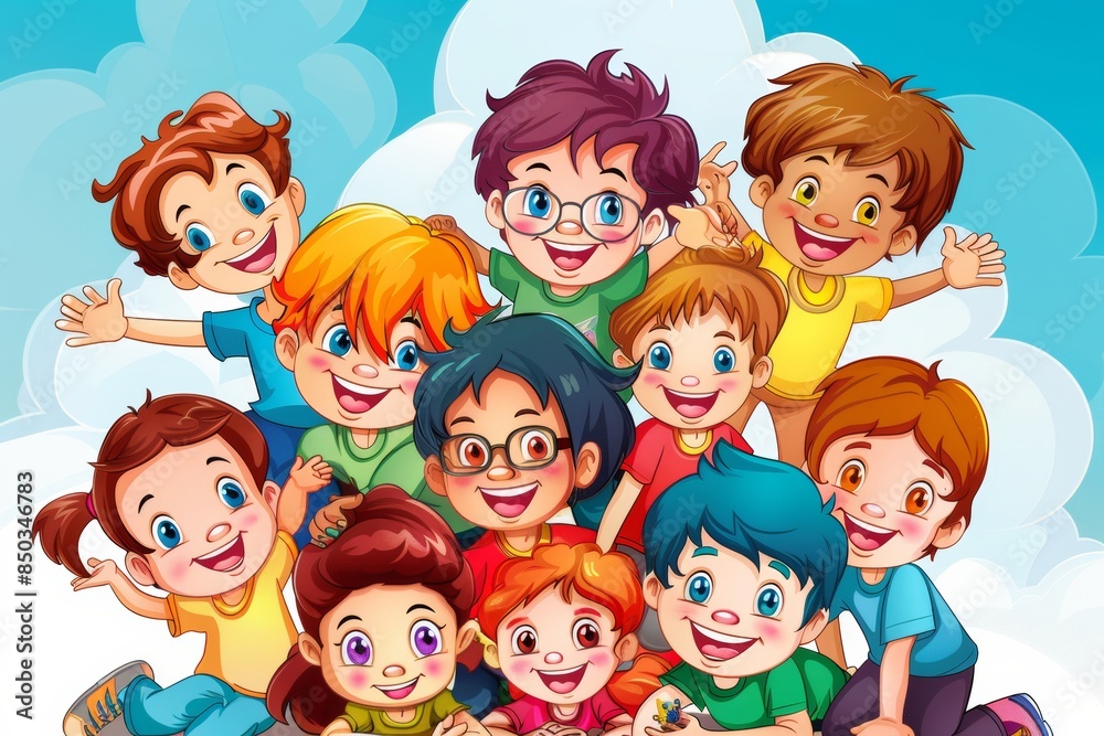 Group of happy kids with different facial expressions in the sky illustration. Group of happy kids with different facial expressions in the sky illustration.