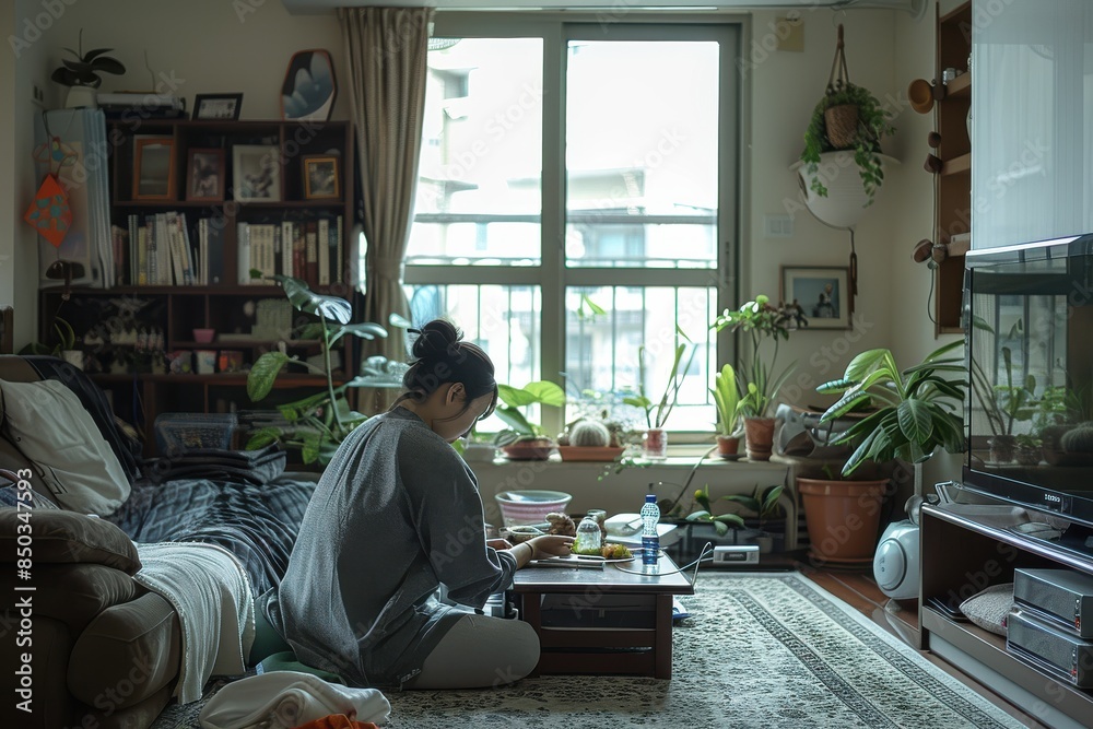 a woman sitting vin a living room a woman sitting vin a living room