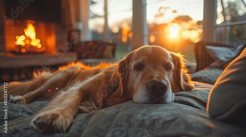 AI generated illustration of a golden retriever relaxing on a couch against a fireplace © Wirestock