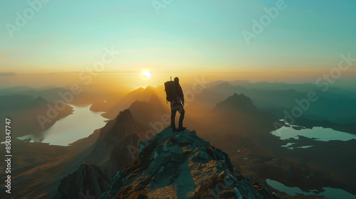 A lone hiker standing on a mountain peak overlooking a vast landscape at sunrise.