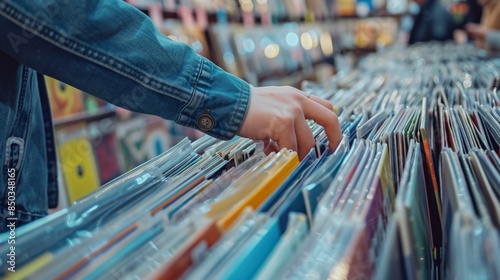 A person is looking through a collection of vinyl records in a record store.