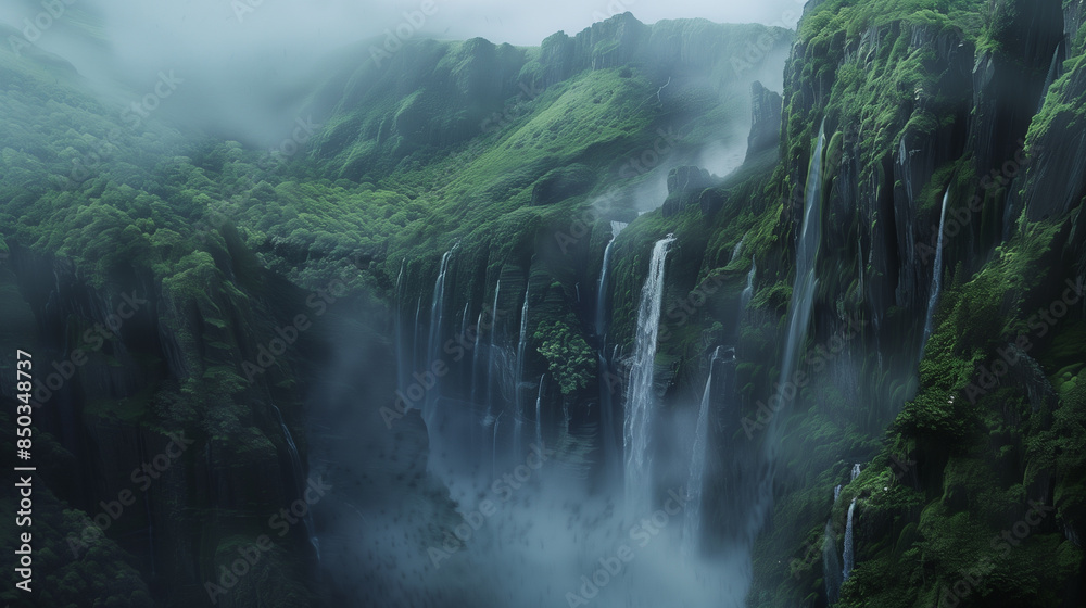 A majestic waterfall cascading down lush green cliffs, surrounded by mist. A majestic waterfall cascading down lush green cliffs, surrounded by mist.