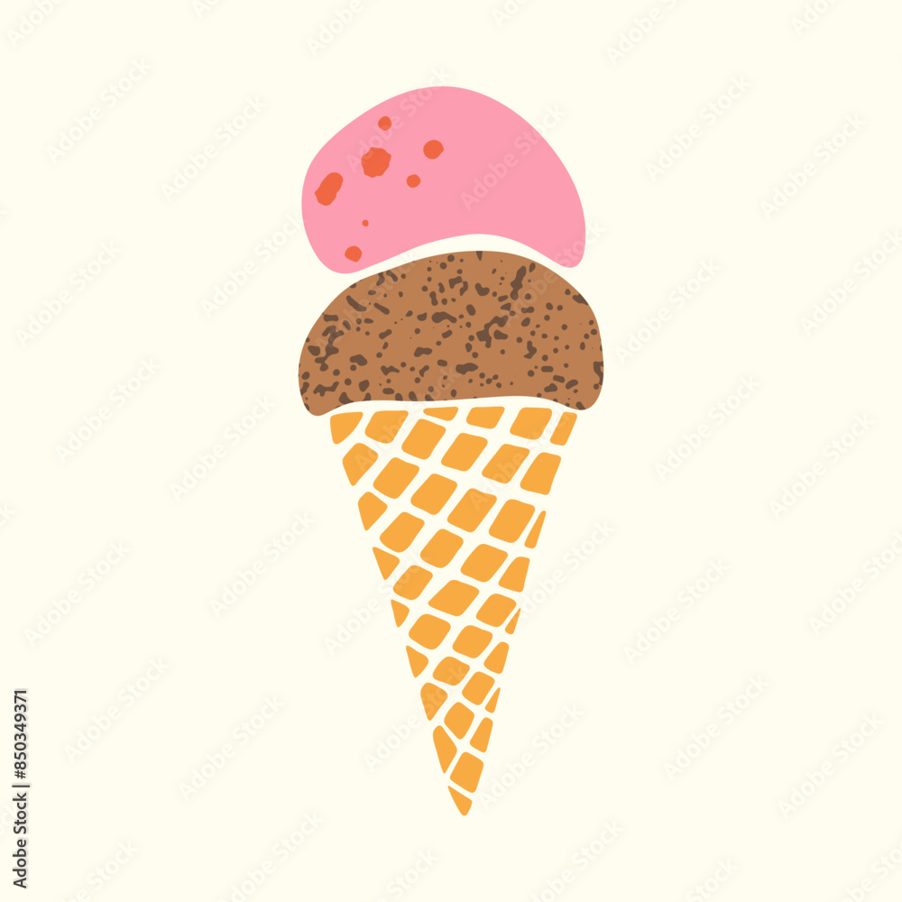 Ice-cream cone vector illustration. Hand drawn cute colorful wafer cone with chocolate and strawberry gelato balls with texture for cards, menu, packaging, textile print, decoration. Summer treat Ice-cream cone vector illustration. Hand drawn cute colorful wafer cone with chocolate and strawberry gelato balls with texture for cards, menu, packaging, textile print, decoration. Summer treat